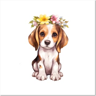 Watercolor Beagle Dog with Head Wreath Posters and Art